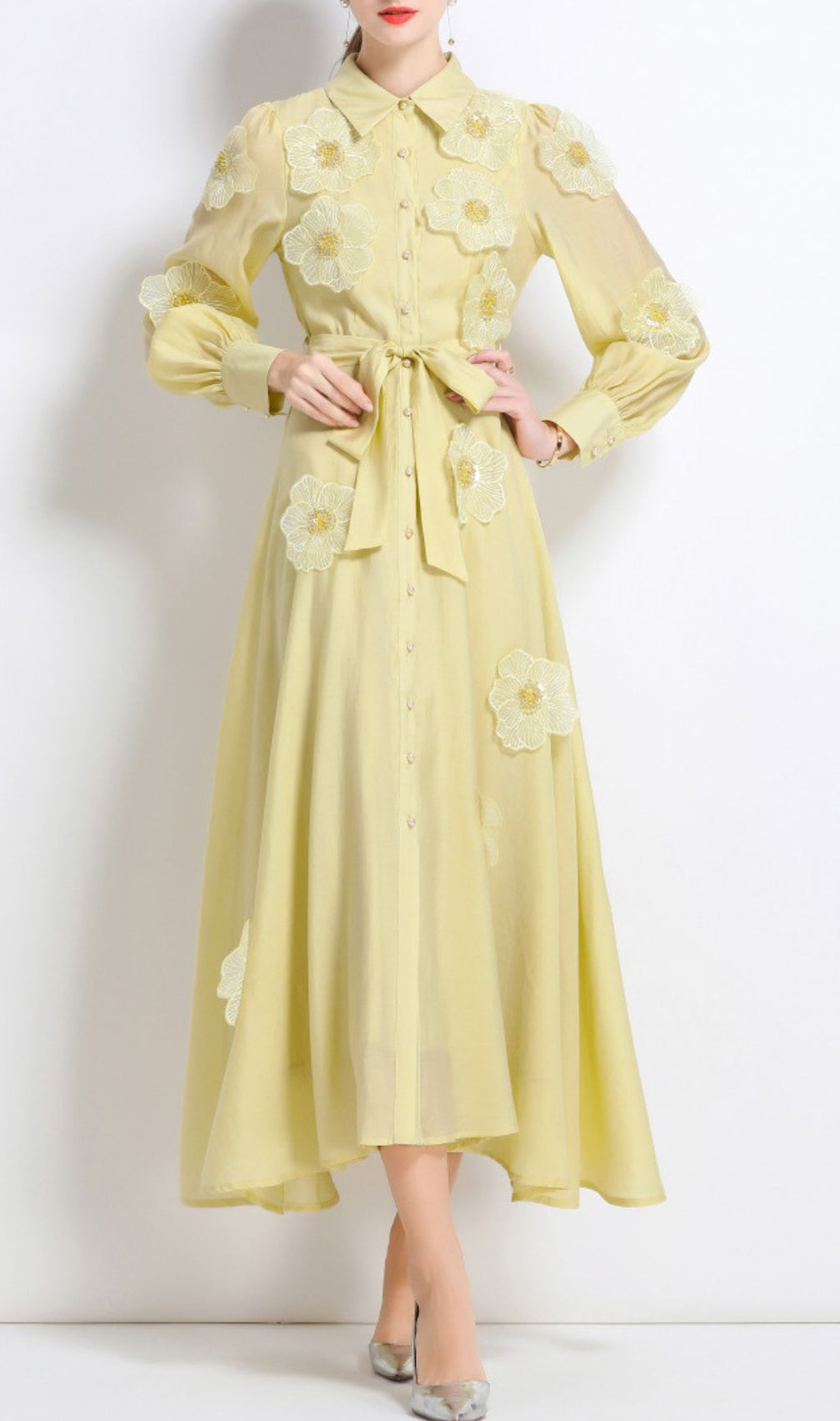 Holly Yellow Flower Long Sleeve Midi Dress
