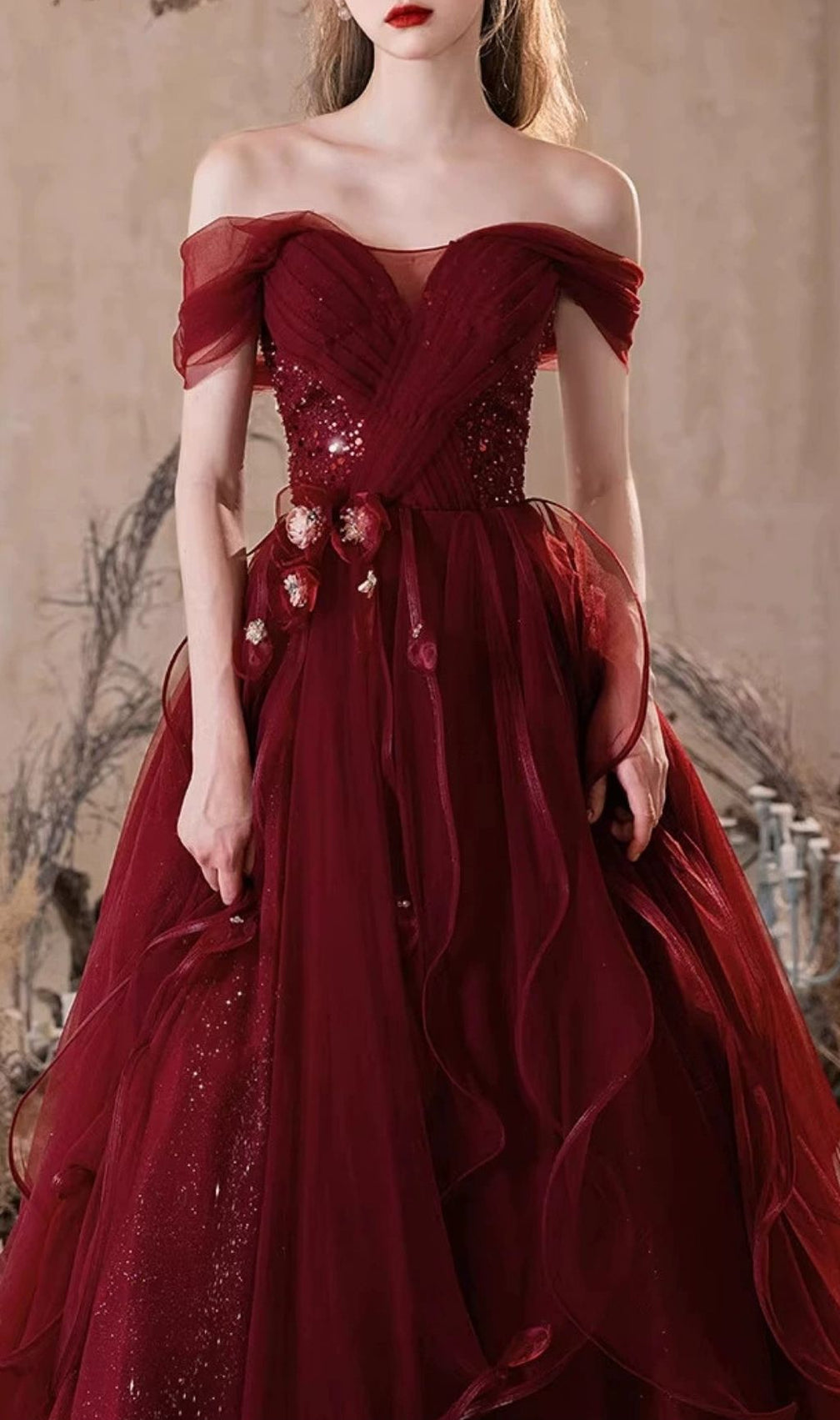 Kasandra Scarlet Red Off-Shoulder Ruffle Tulle Gown - Elegant Formal Maxi Dress