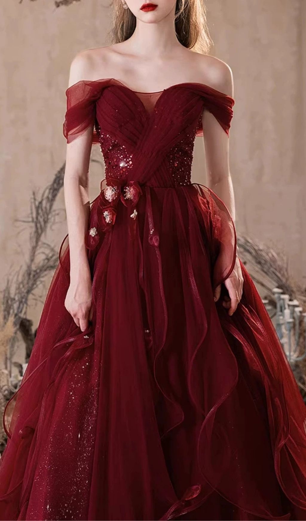 Kasandra Scarlet Red Off-Shoulder Ruffle Tulle Gown - Elegant Formal Maxi Dress