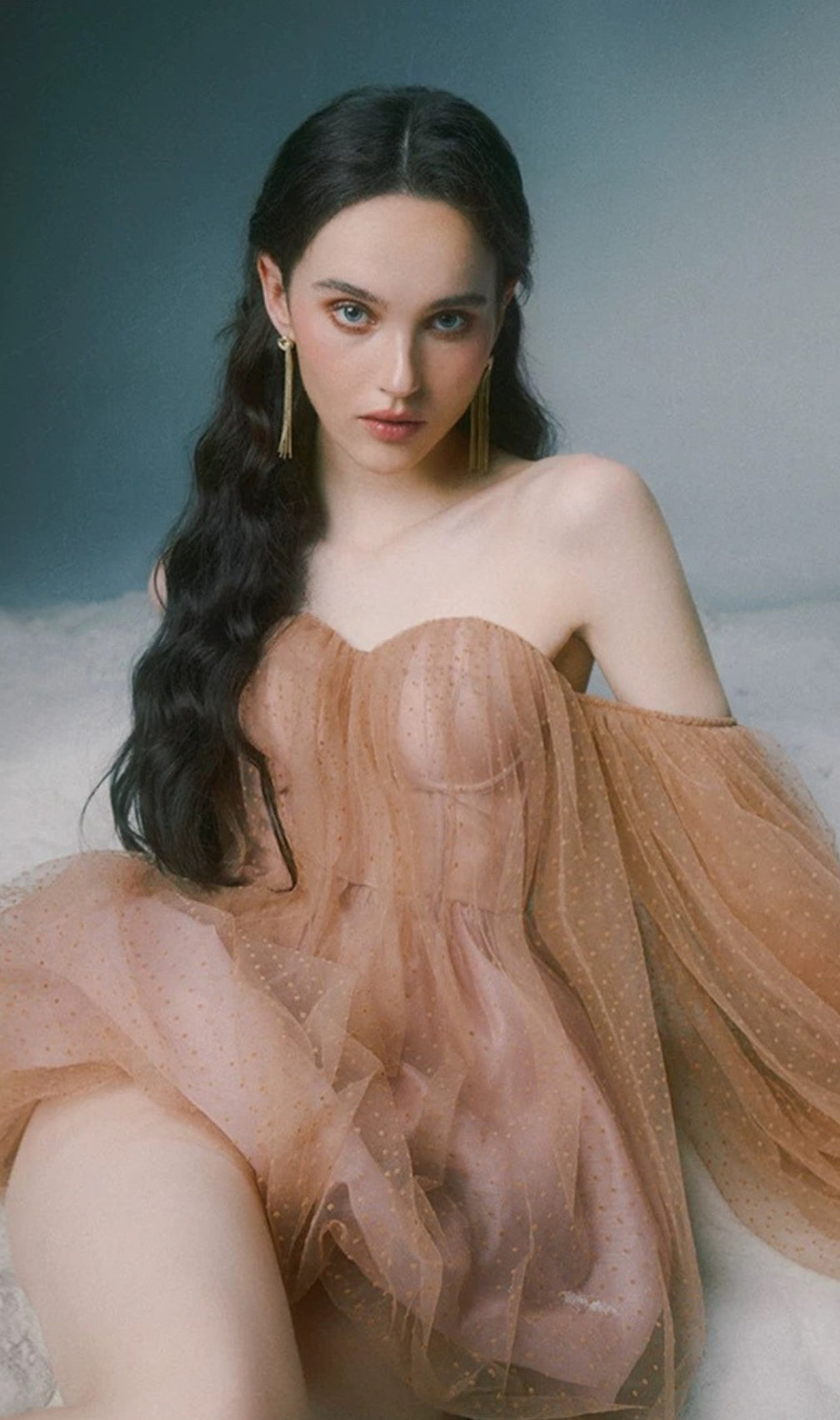 Dolly Khaki Off-Shoulder Mesh Mini Dress