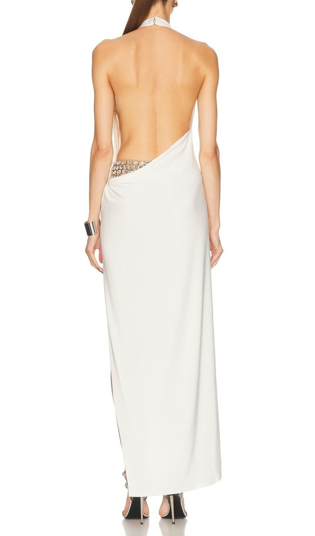 Isaura White Halter Neck Backless Maxi Dress | High Slit & Rhinestone Embellishments