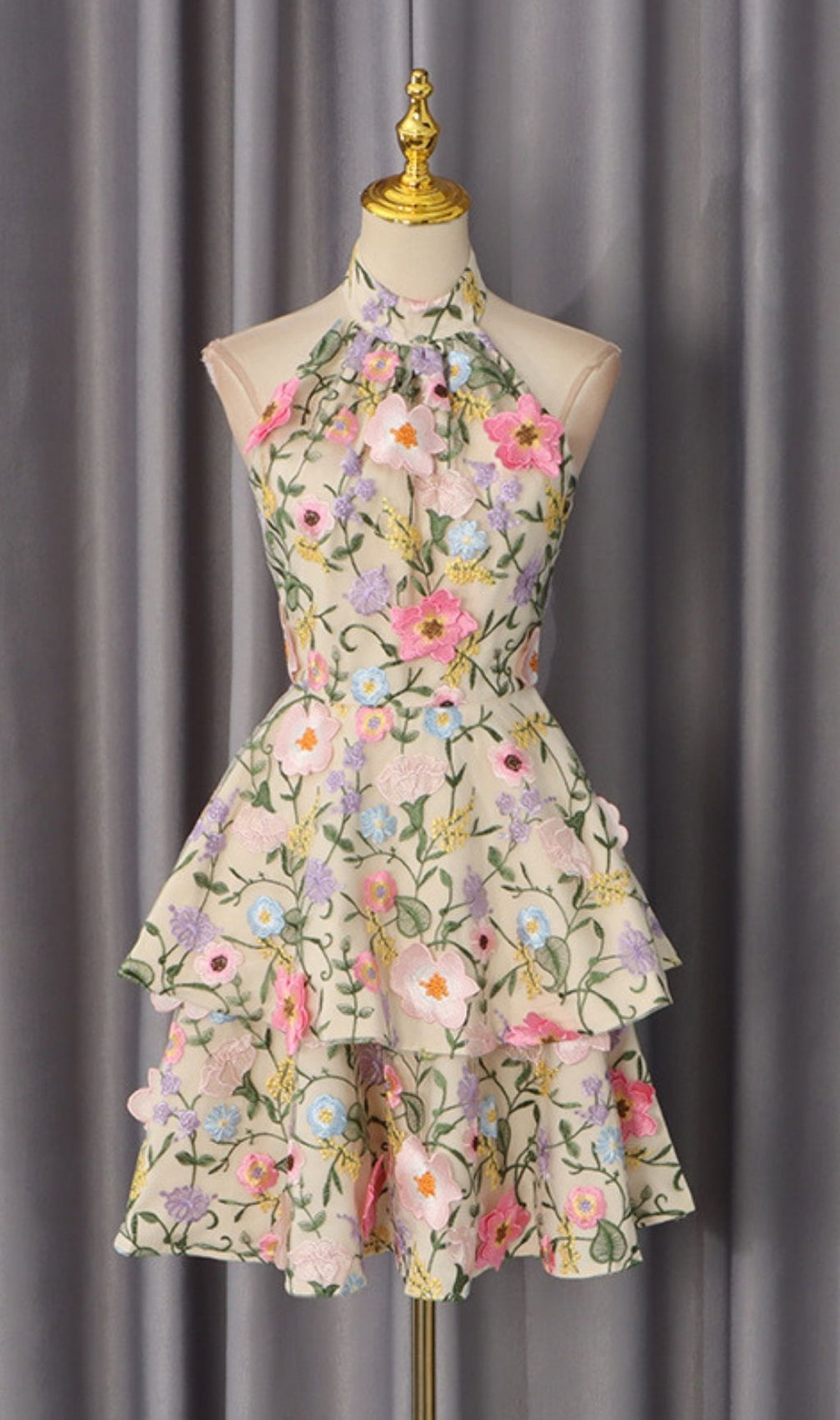 Dyllis Halterneck Floral Embroidered Mini Dress - Elegant Tiered Cocktail & Party Style