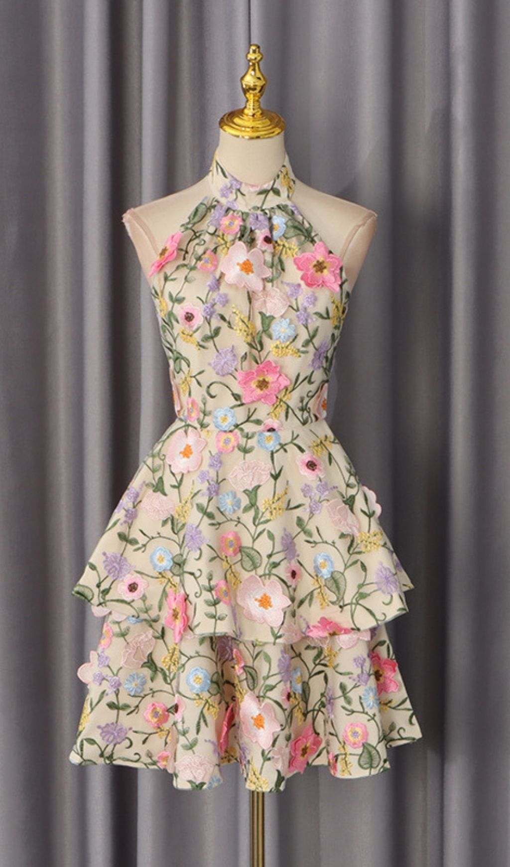 Dyllis Halterneck Floral Embroidered Mini Dress - Elegant Tiered Cocktail & Party Style