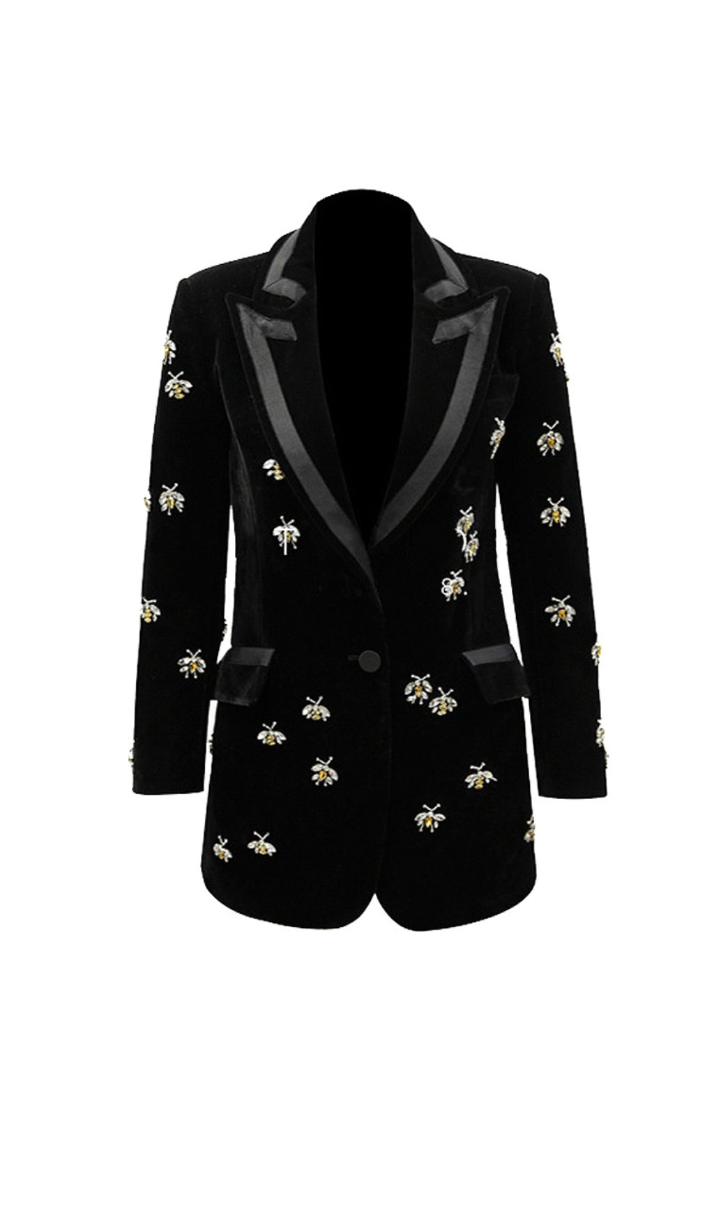 Black Velvet Blazer Jacket With Rhinestone Bees