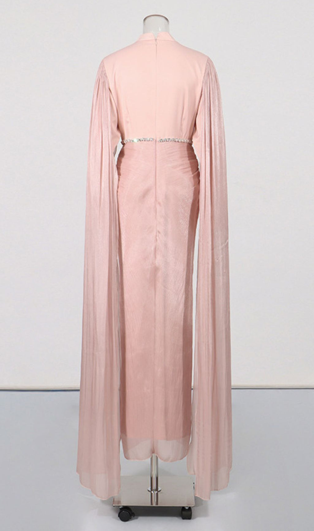 Kalyca Blush Pink Elegant Maxi Dress with Sweeping Cape Sleeves