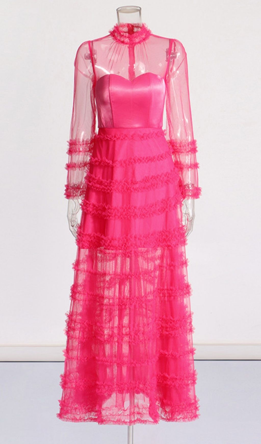 Kevlyn Hot Pink Tiered Ruffle Maxi Dress - Sheer Mesh Long Sleeve Gown