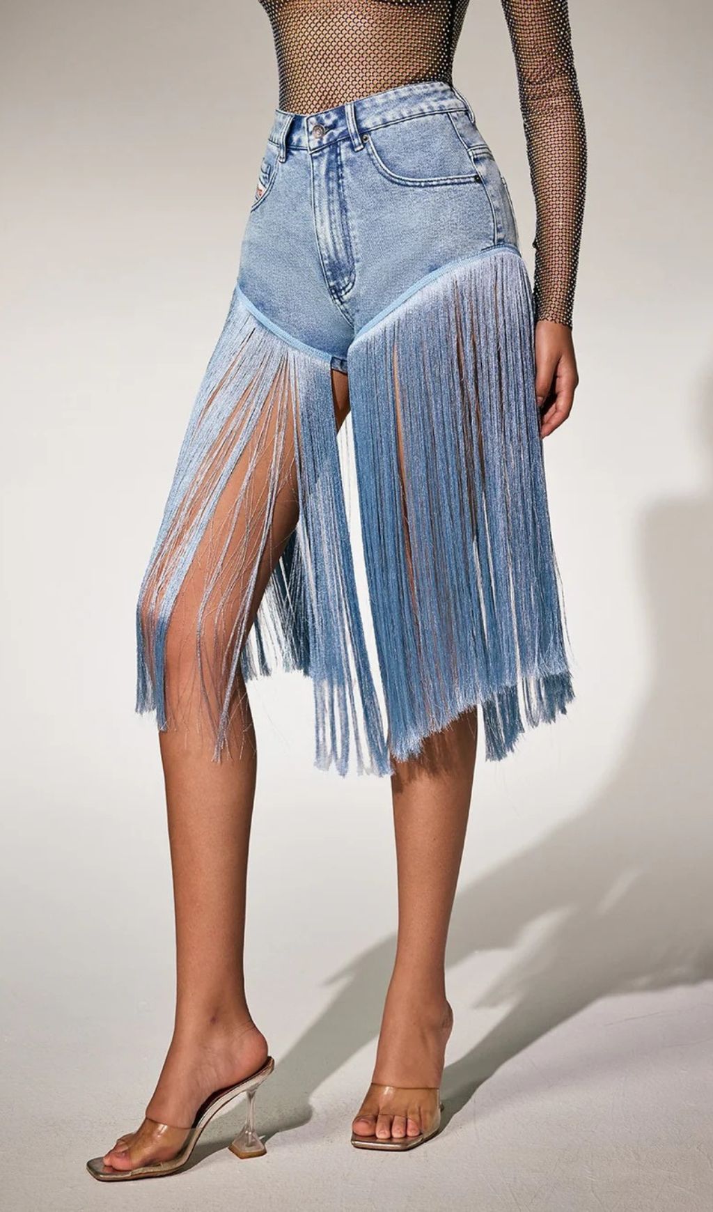 Parenth Head-Turning High-Waist Fringe Denim-Look Shorts