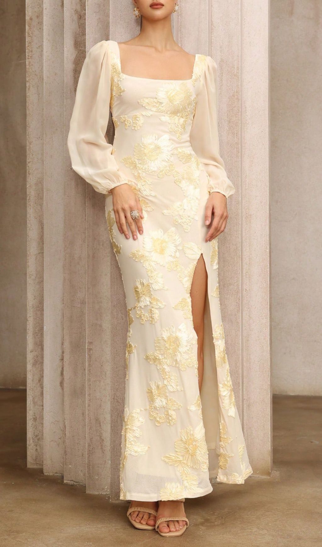 Kadence Yellow Long Sleeve Flower Maxi Dress