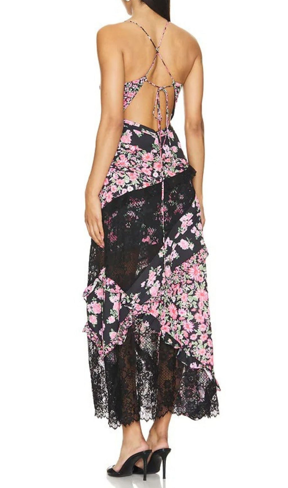 Georgia Black Floral & Lace Maxi Dress | Romantic V-Neck Ruffle Gown