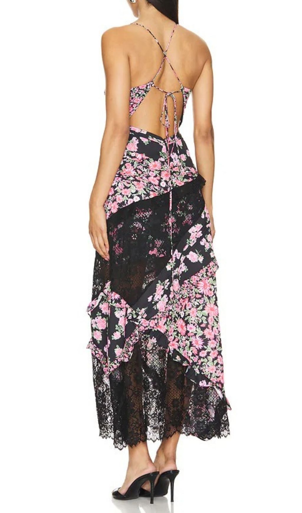 Georgia Black Floral & Lace Maxi Dress | Romantic V-Neck Ruffle Gown