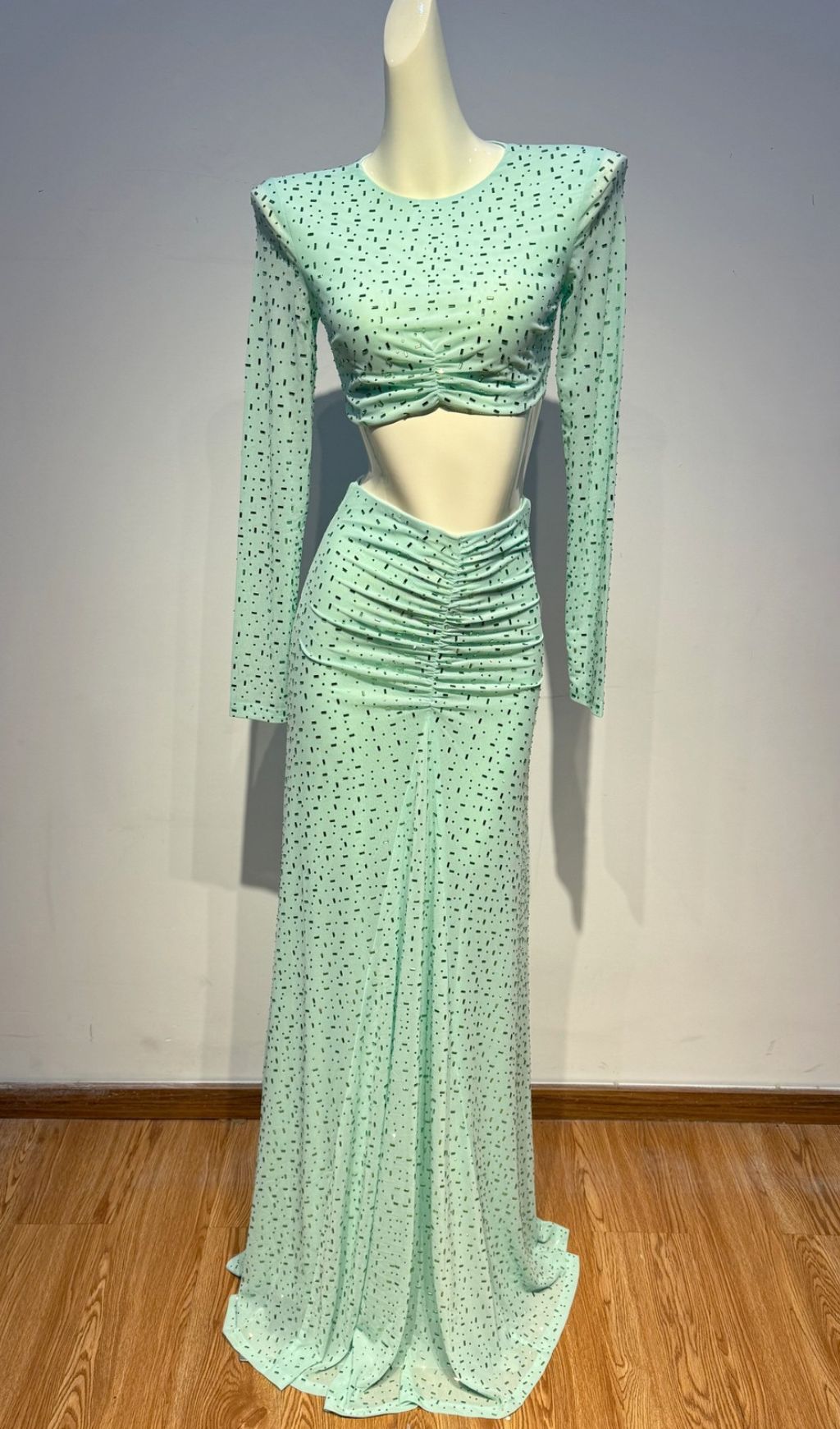 Jaida Sparkling Mint Green Crystal Two-Piece Set: Long Sleeve Crop Top & Ruched Maxi Skirt