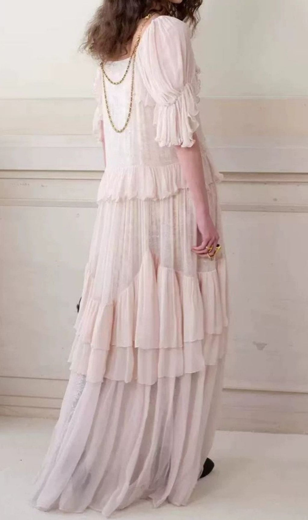 Kimamana Dreamy Pink V-Neck Ruffle Maxi Dress | Ethereal Tiered Gown for Women