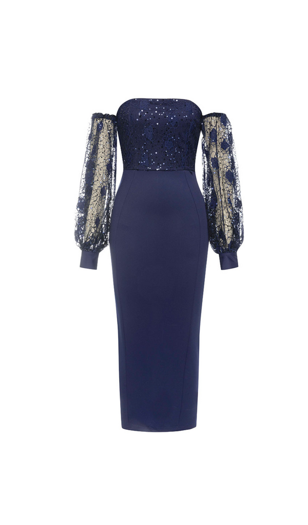 SEQUIN LONG SLEEVES MIDI DRESS NAVY BLUE