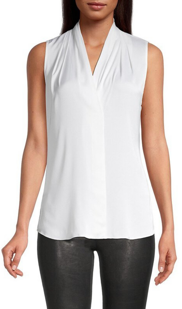 MILA SLEEVELESS V NECK PLEATED SILK BLOUSE