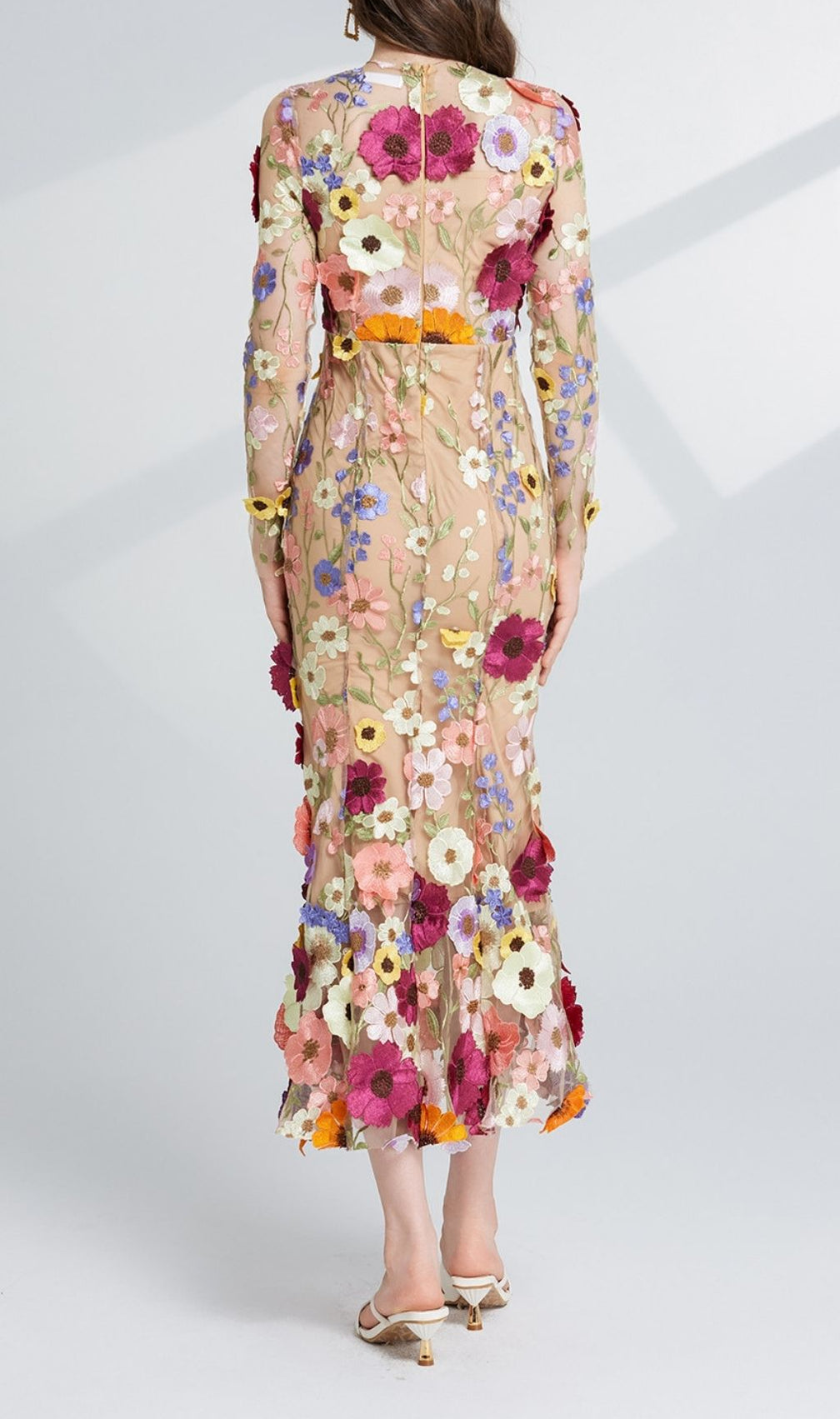 Carol Floral Embroidery Mesh Fishtail Long Sleeve Midi Dress