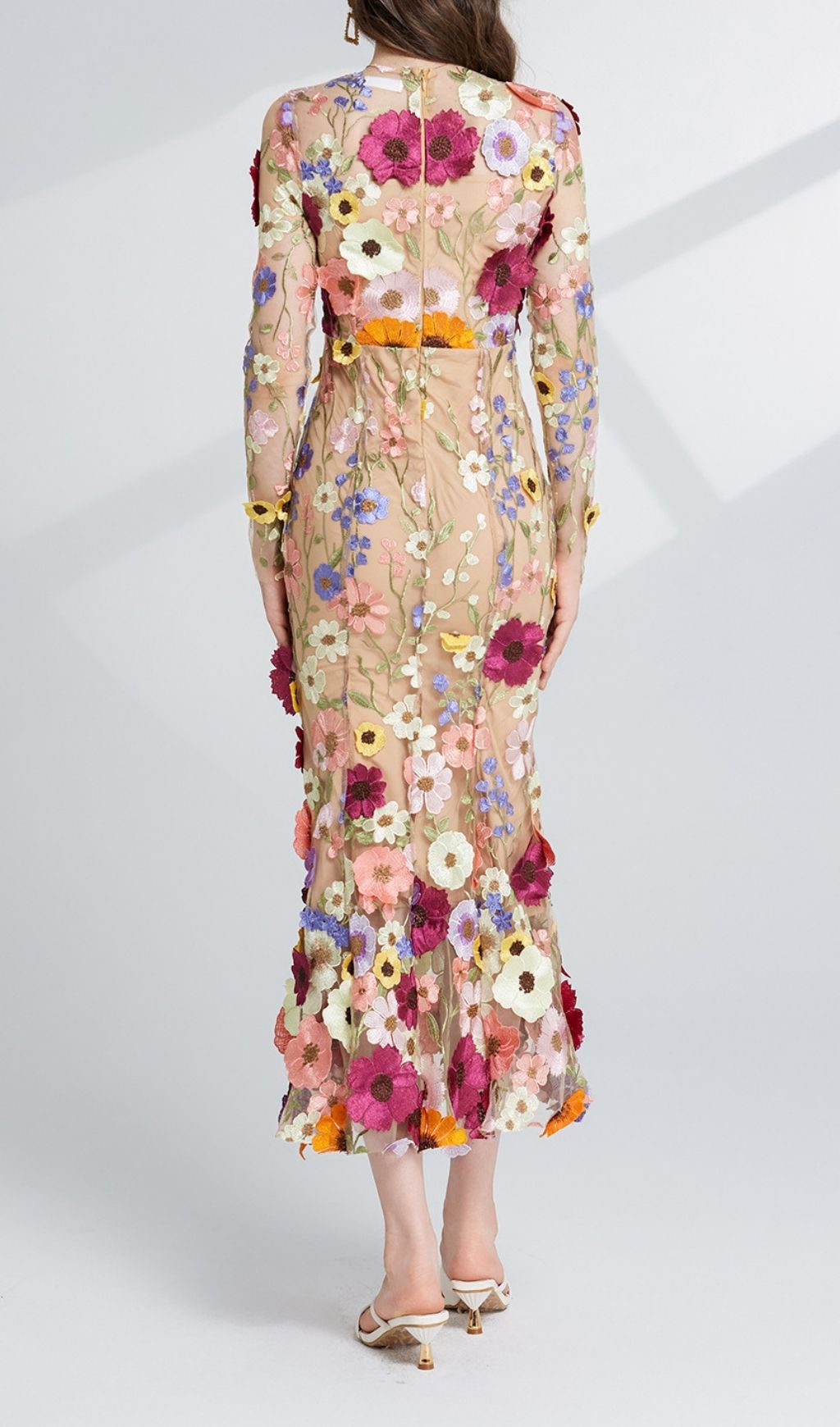 Carol Floral Embroidery Mesh Fishtail Long Sleeve Midi Dress