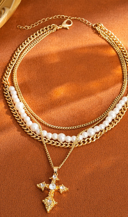 Jordyn Elegant Layered Pearl & Crystal Cross Necklace for Women