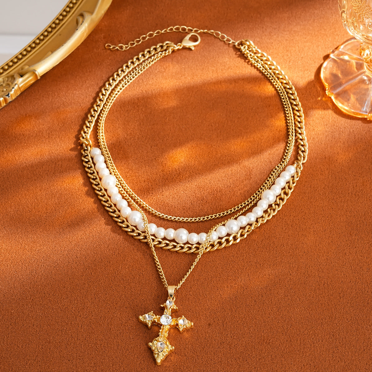 Jordyn Elegant Layered Pearl & Crystal Cross Necklace for Women