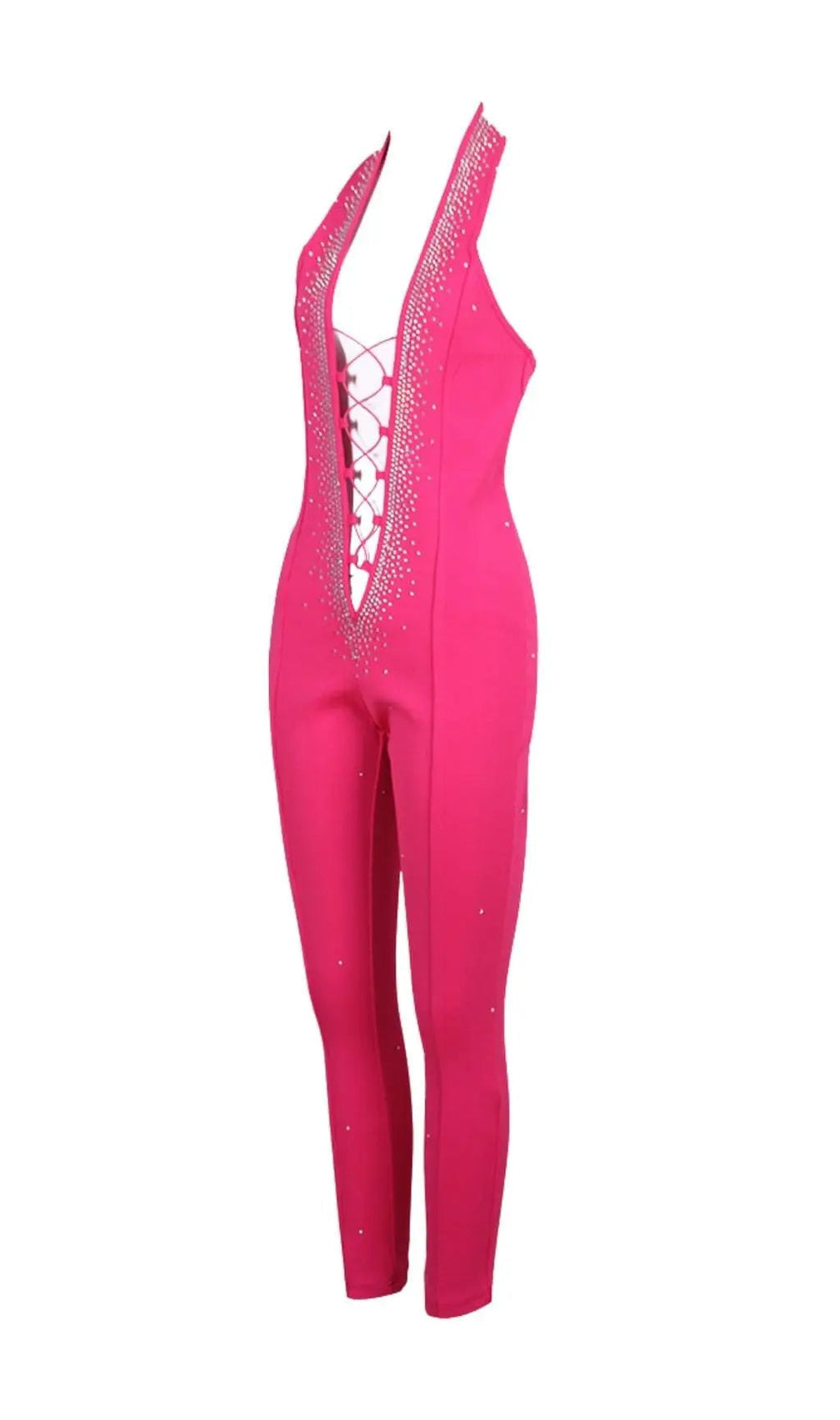 Halter Neck Crystal Backless Jumpsuits In Pink