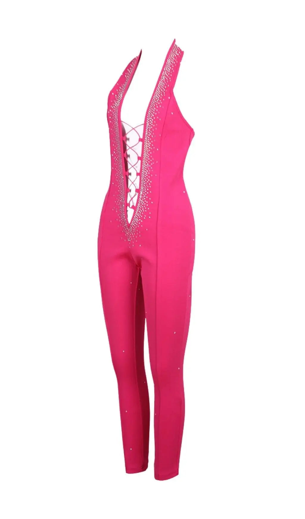 Halter Neck Crystal Backless Jumpsuits In Pink