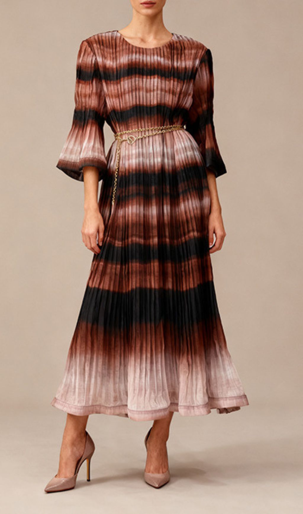 Itsuko Pleated Ombre Flare Sleeve Midi Dress