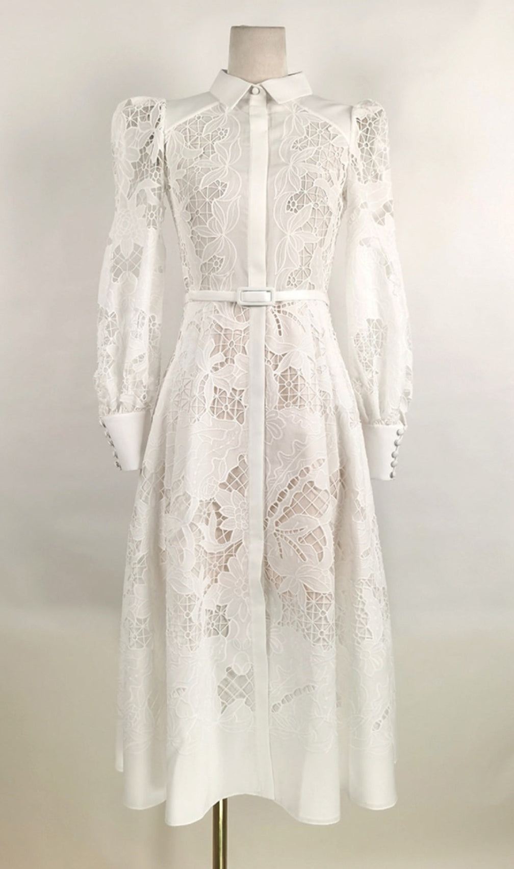 White Lace Embroidered Full Hem Midi Dress