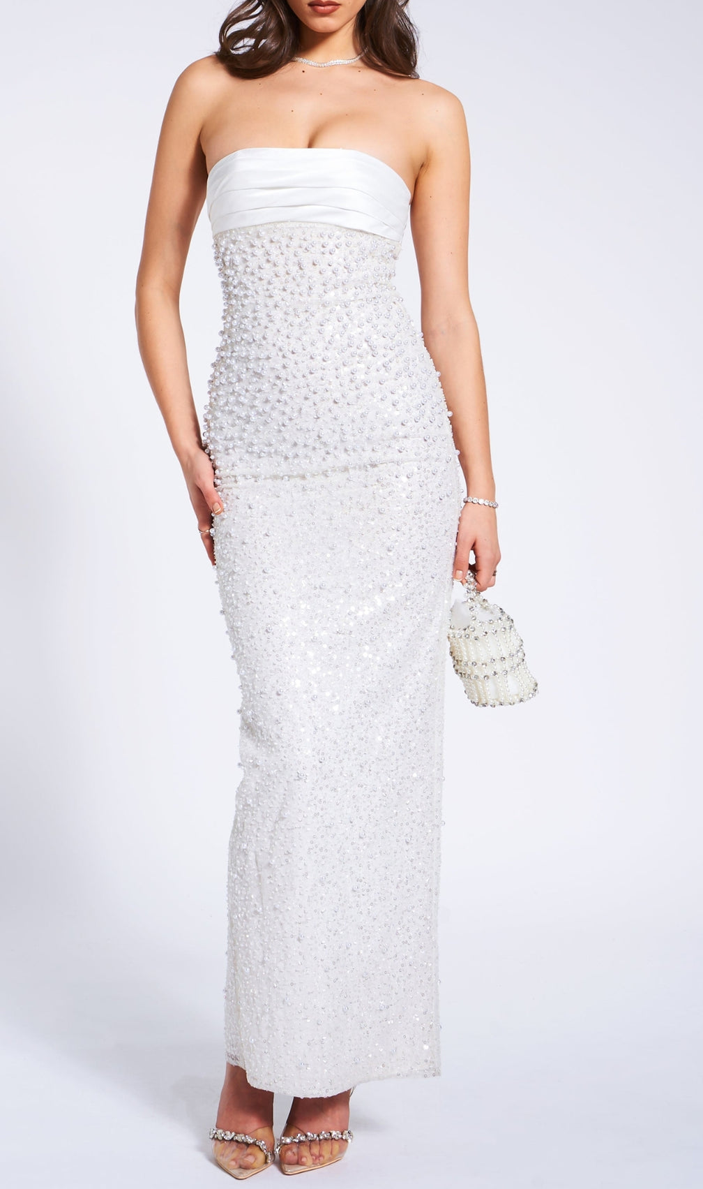 Alazne White Sequin Pearl Maxi Dress