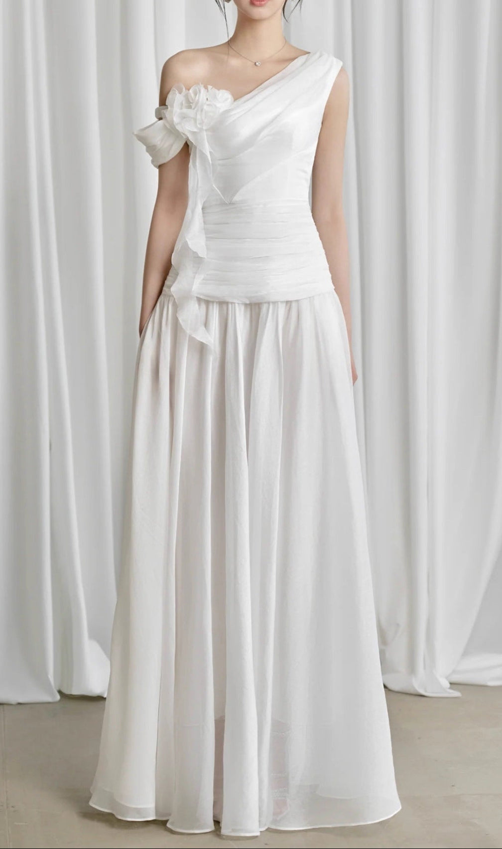 One-Shoulder 3D Flower Ruched Maxi Dress