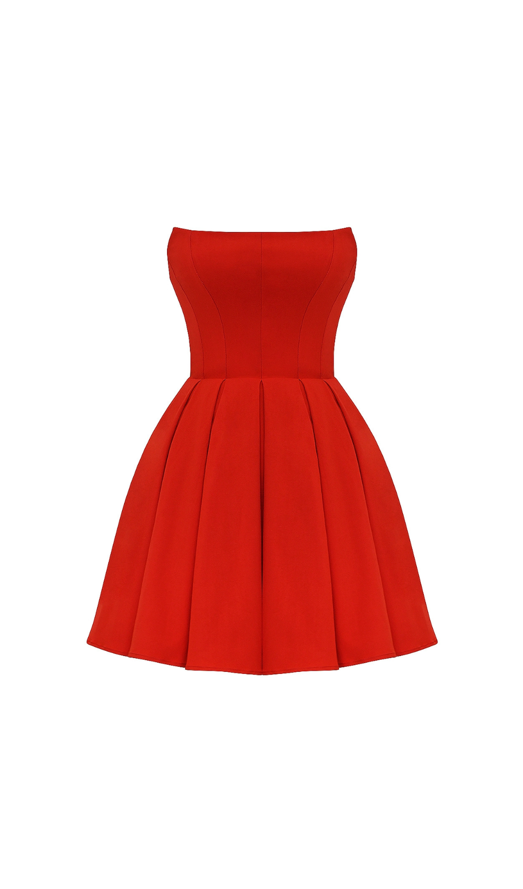 tomato red strapless pleated mini dress