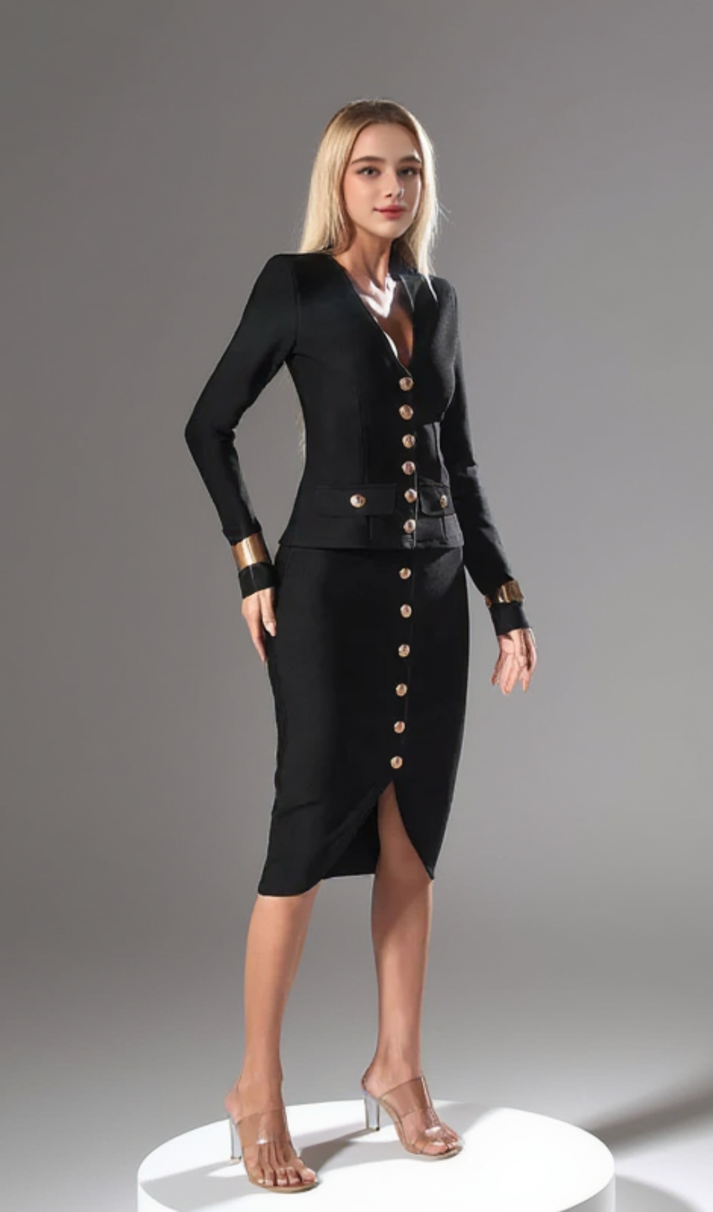 Long Sleeve Single Breasted Bandage Set in black