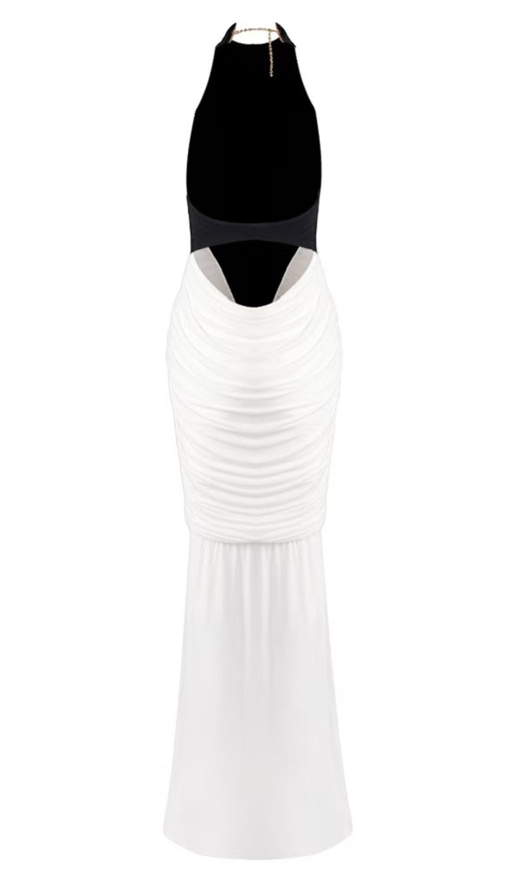 Dramatic High-Contrast Halter Maxi Gown | Sculptural Ruching & Gold Chain