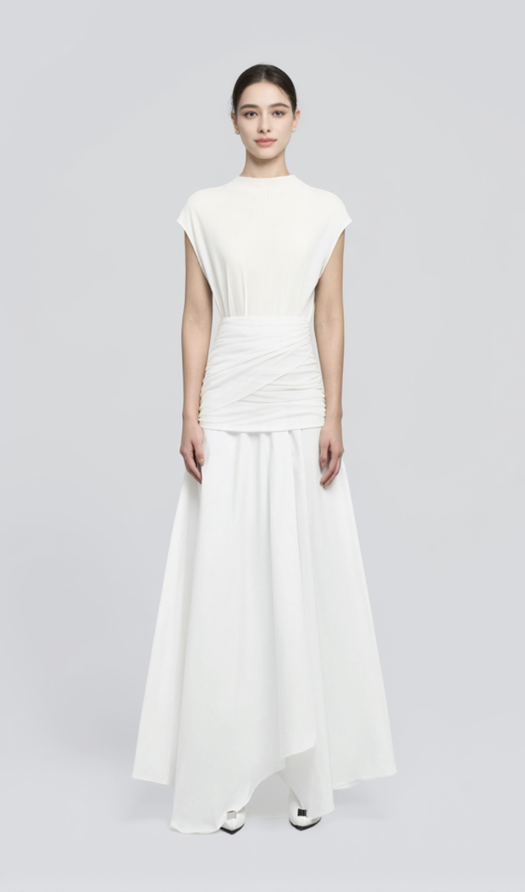 white Waist cross pleats midi dress with asymmetric hemline
