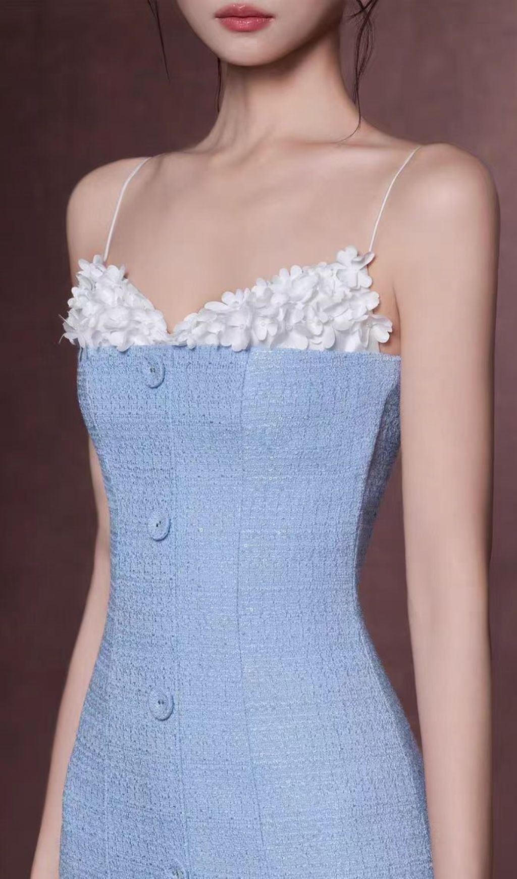 Juana Blue Floral Tweed Strappy Slit Midi Dress - Elegant Wedding Guest & Cocktail Attire