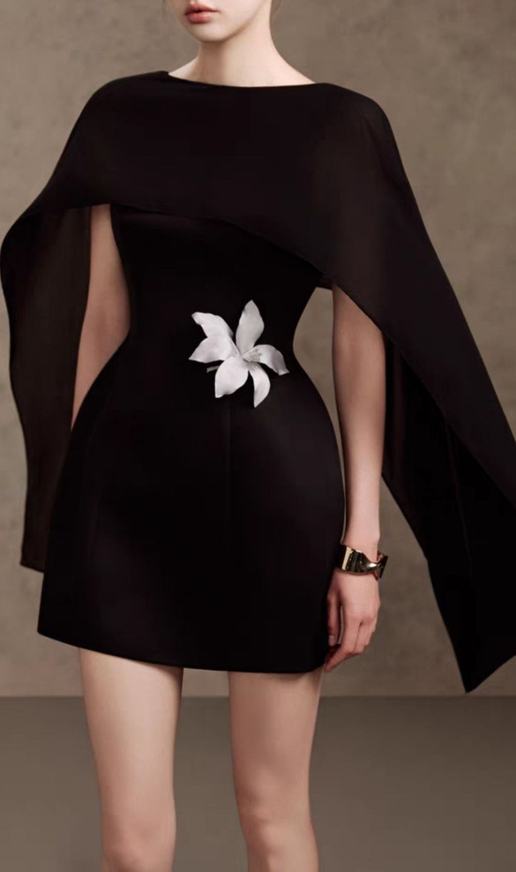 Kenya Bloom Black Floral Mini Dress with Elegant Cape Shawl