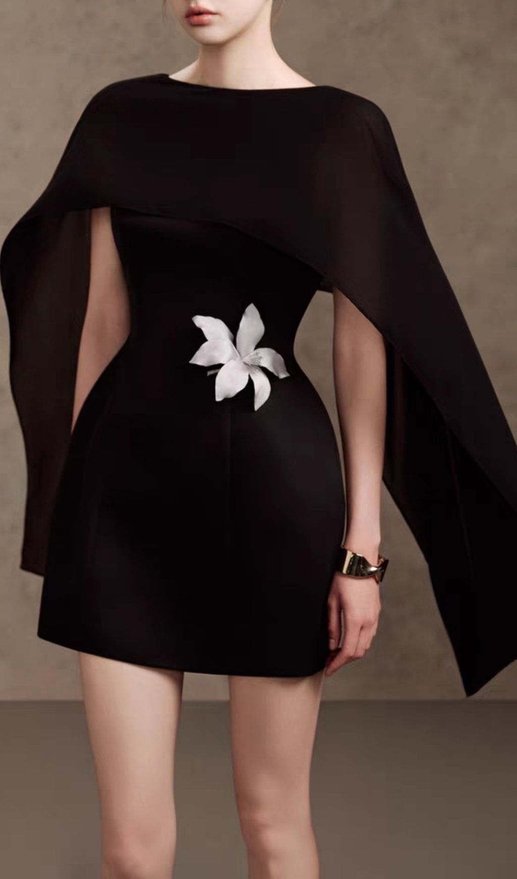 Kenya Bloom Black Floral Mini Dress with Elegant Cape Shawl