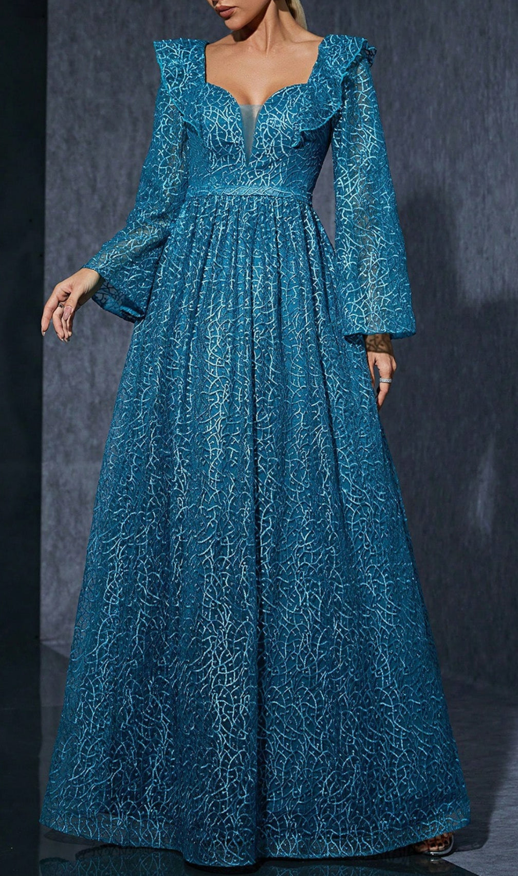 Divya Blue V-Neck Long Sleeve Maxi Dress