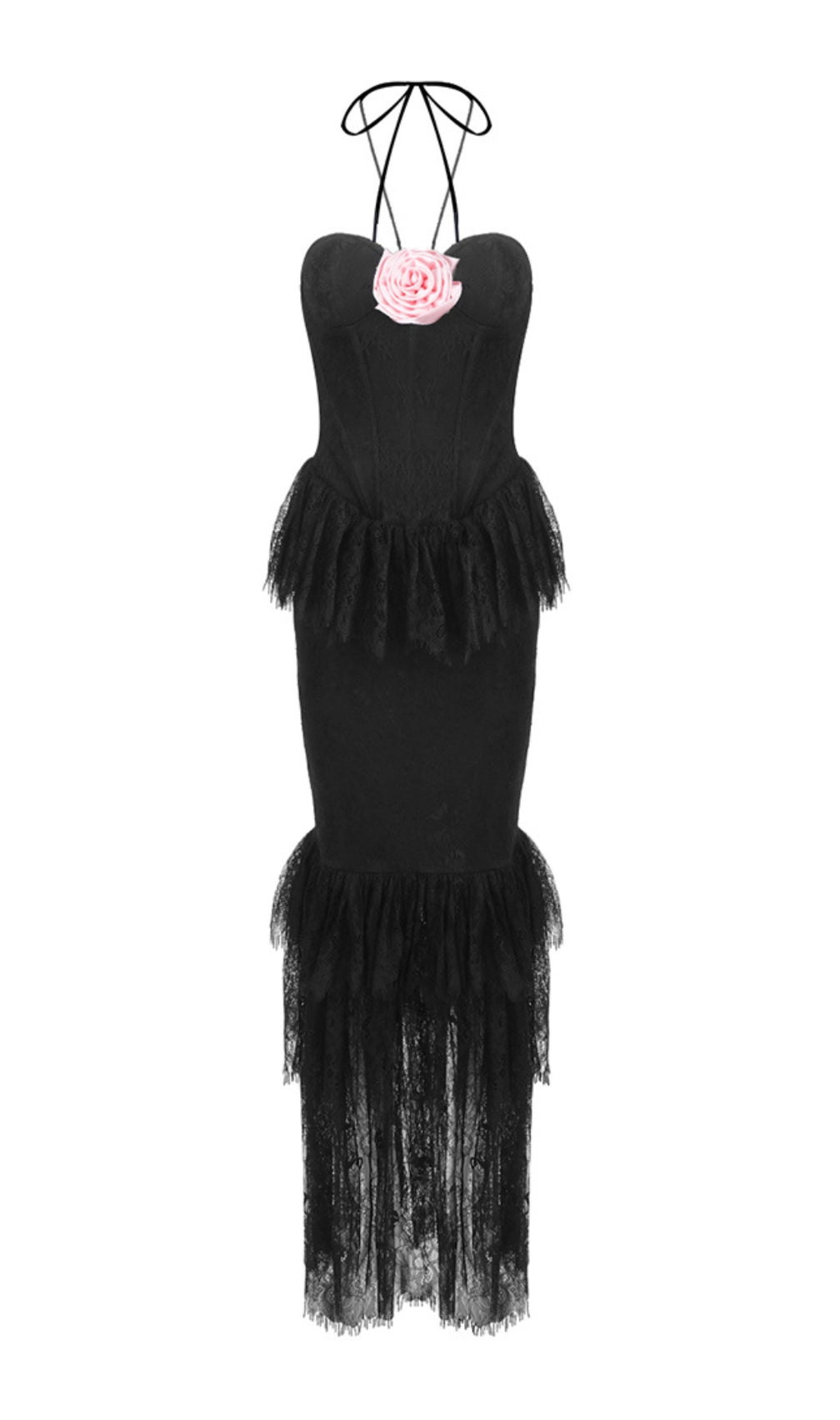 Black Halter Floral Lace Ruffle Maxi Dress