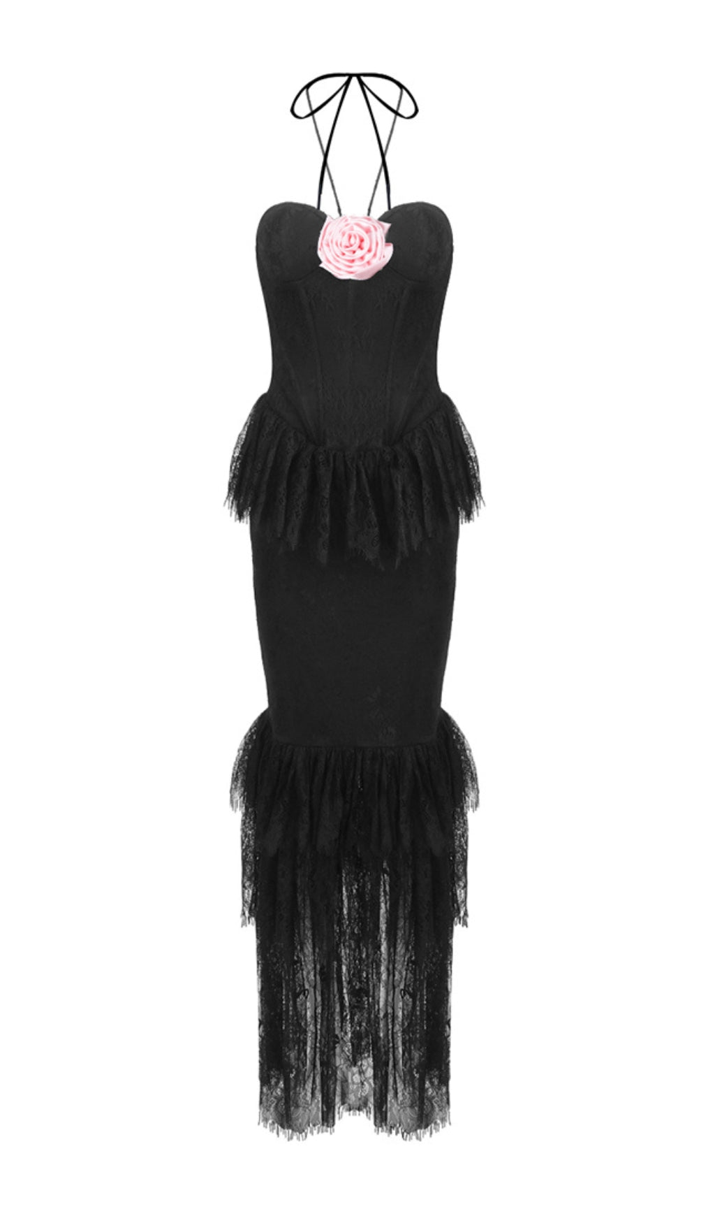 Black Halter Floral Lace Ruffle Maxi Dress