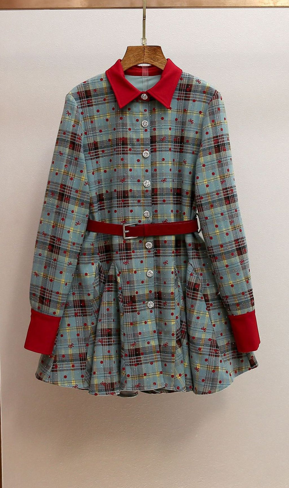 Humla Plaid Bow Mini Dress with Red Collar & Belt - Festive Chic for Women