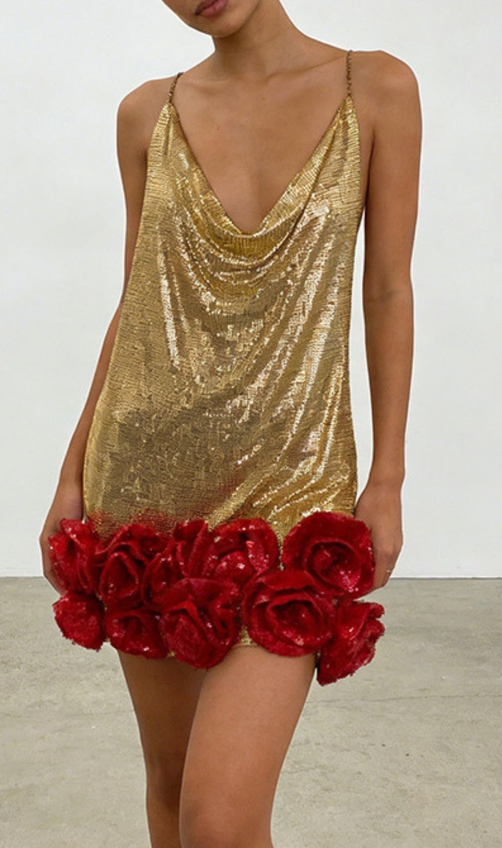 Kaylyn Dazzling Gold Sequin Mini Dress with Red Rose Hem & Cowl Neck