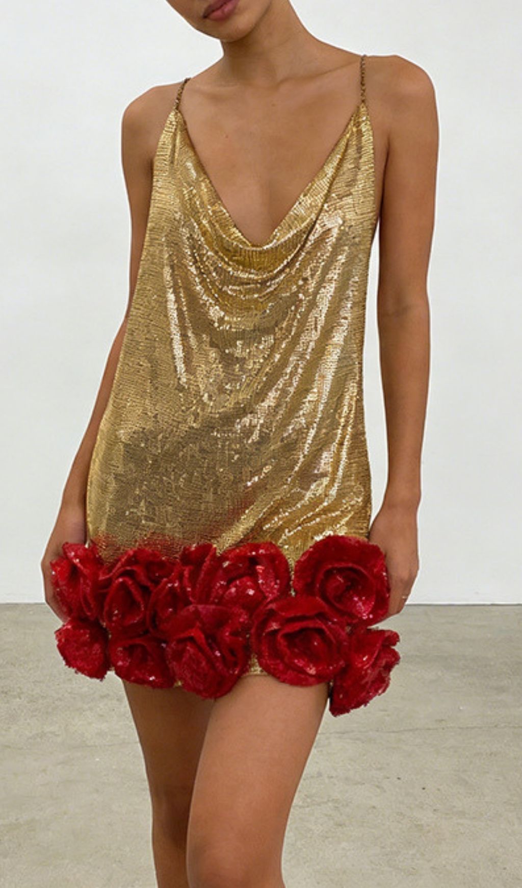 Kaylyn Dazzling Gold Sequin Mini Dress with Red Rose Hem & Cowl Neck