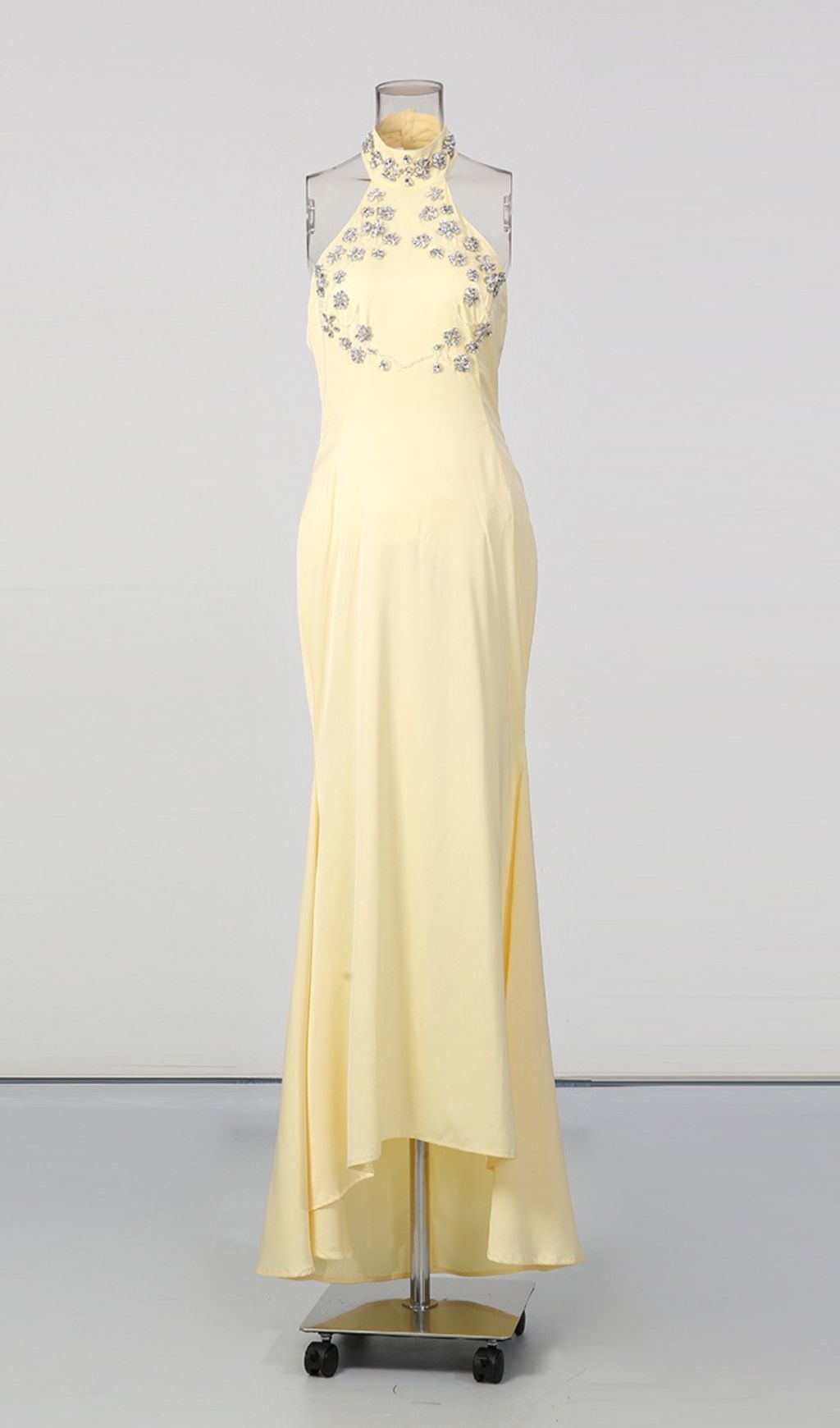 Lacy Yellow Halter Diamante Maxi Dress