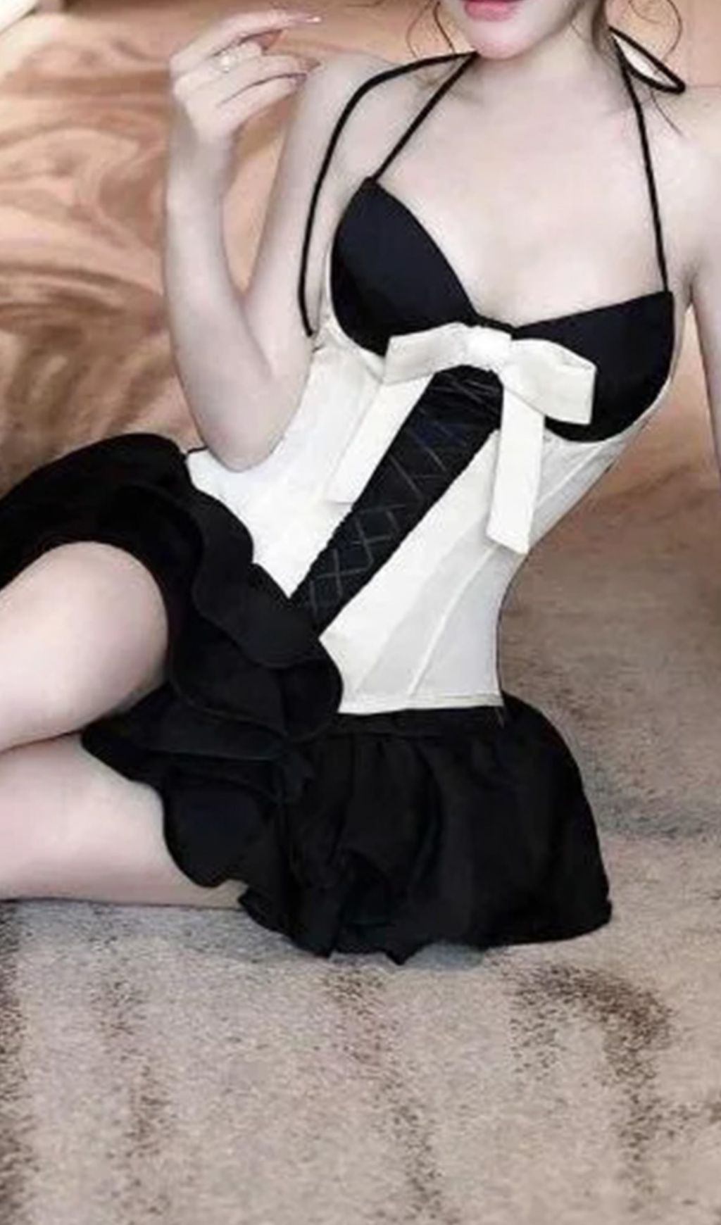 Fizza Halter Black White Patchwork Mini Dress