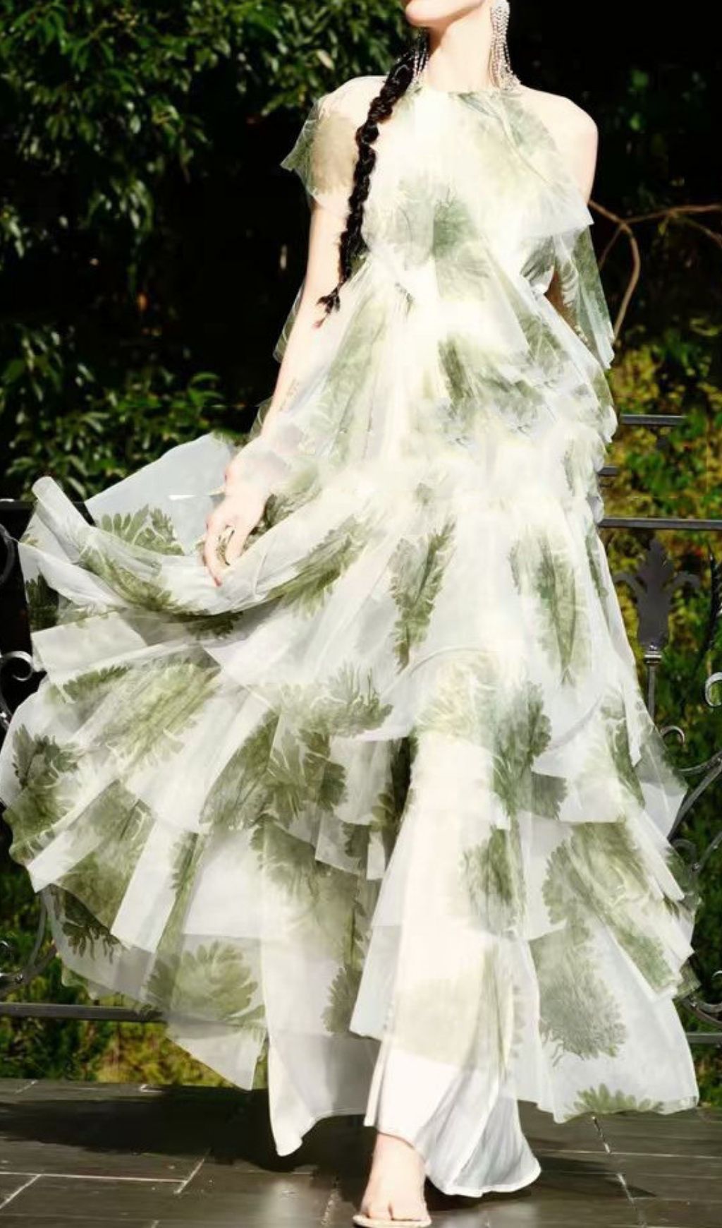 Kateri Ethereal Green Leaf Print Layered Maxi Dress - Flowy & Chic