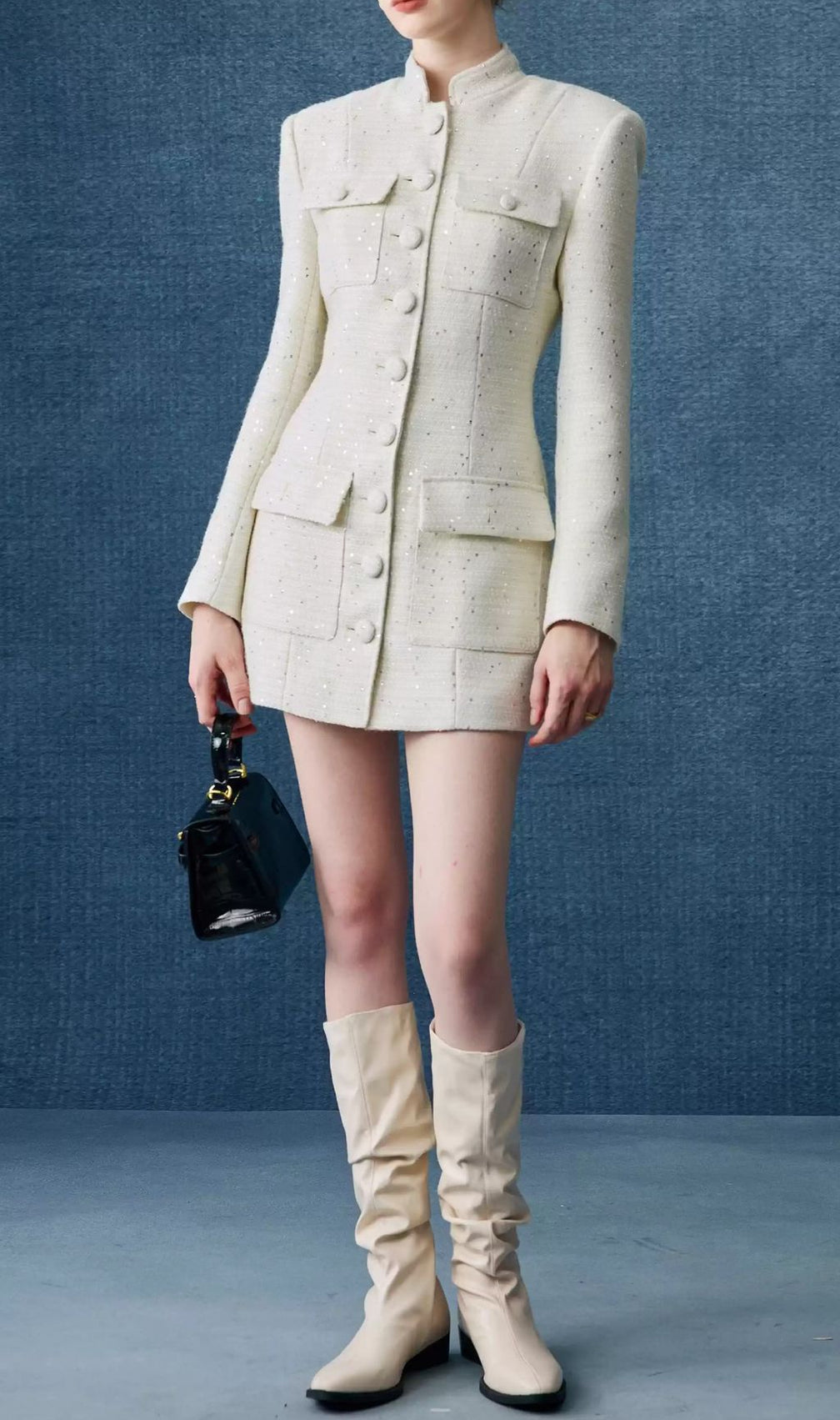 Elegant White Tweed Mini Dress | Long Sleeve Button-Front Style