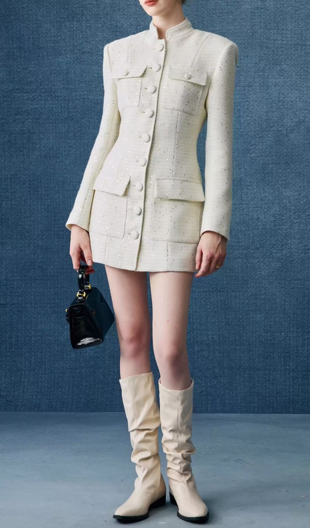 Elegant White Tweed Mini Dress | Long Sleeve Button-Front Style