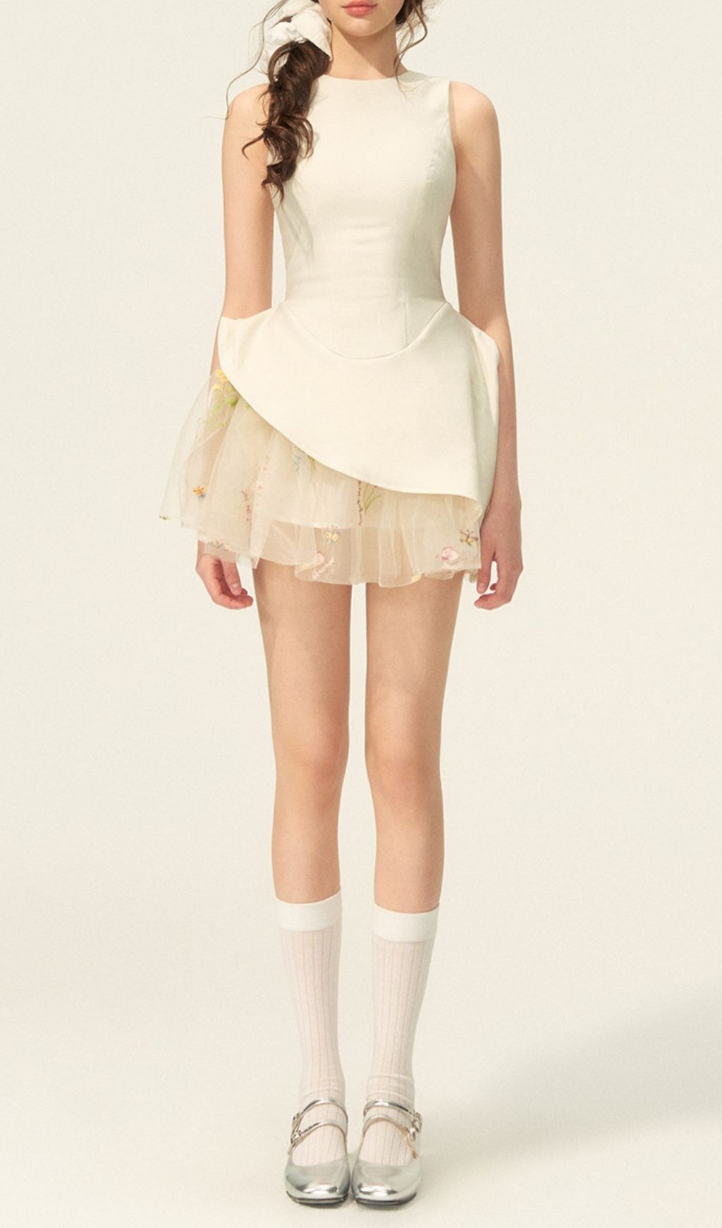 Keiandra Whimsical Floral Embroidered Peplum Mini Dress | Romantic Sleeveless Style