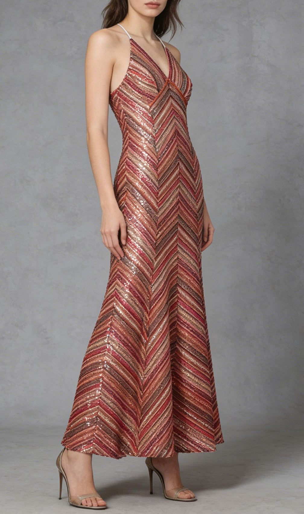 Kacela Dazzling Sequin Chevron Maxi Dress - Strappy Evening Gown