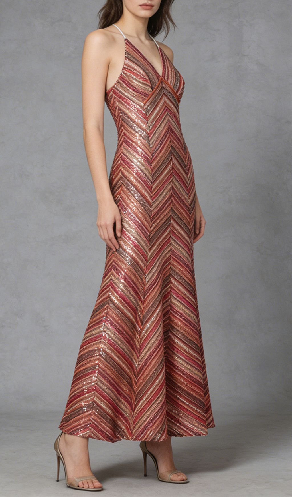 Kacela Dazzling Sequin Chevron Maxi Dress - Strappy Evening Gown