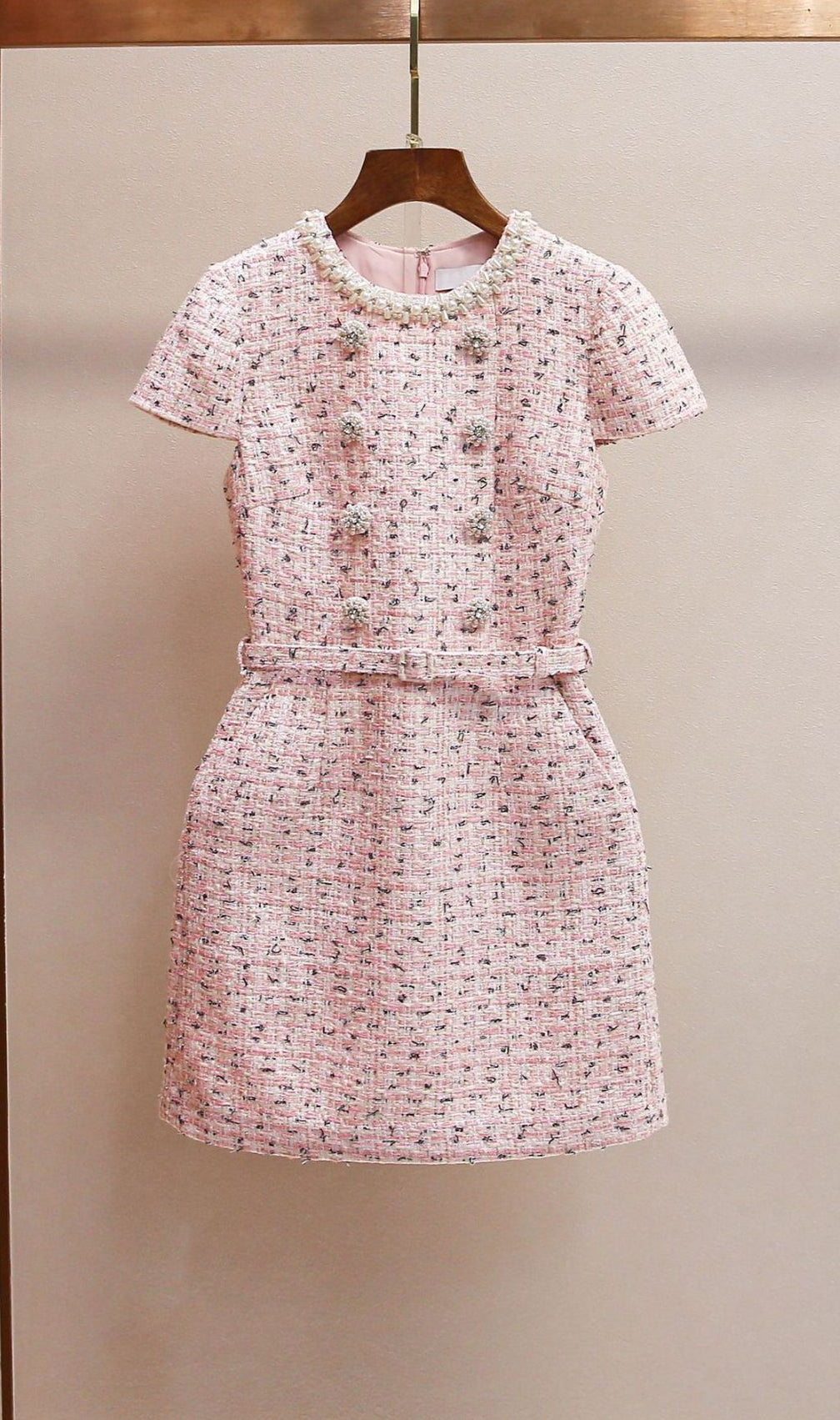 Elegant Faux Pearl Tweed Mini Dress | Chic Embellished Design